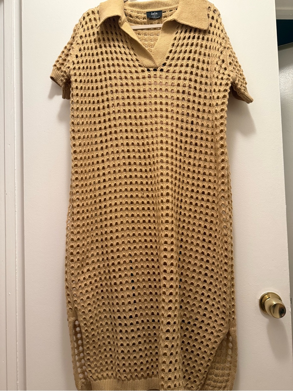 Lala Beige Open-Knit Polo Dress